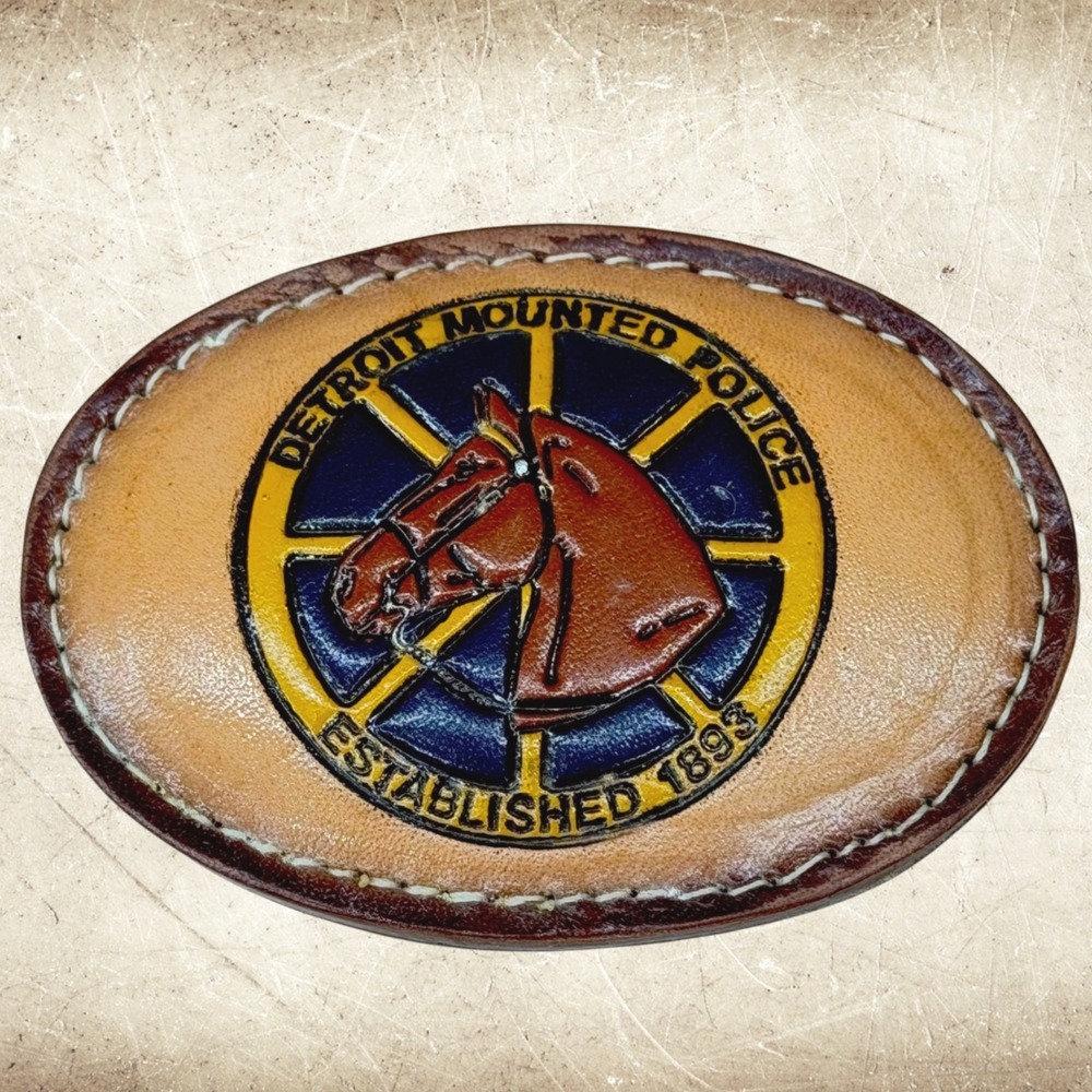 Detroit Mounted Police Belt Buckle Leather Tooled Horse Head Established 1893